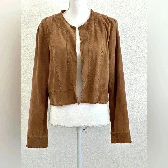 Lauren Ralph Lauren Brown Suede Open Front Cropped Jacket Stitched Trim Size 16 - Picture 1 of 13